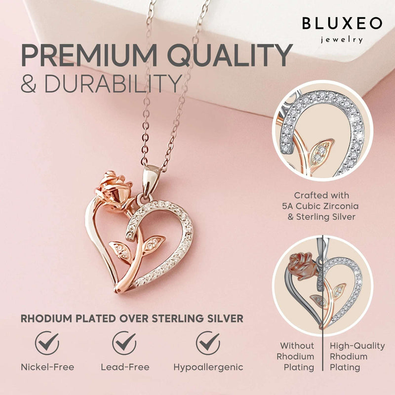 Sterling Silver Necklace for Woman Gift for Wife from Husband Valentines Day Gift for Women Rose Heart Necklace for Girlfriend Birthday Gifts Mother Daughter Pendant Rhodium 18K Rose Gold - Puck's