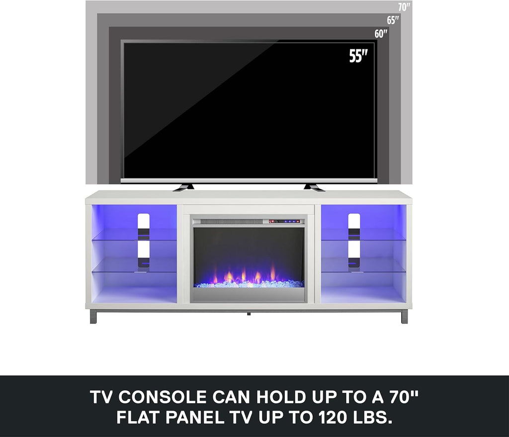 Lumina Fireplace TV Stand for Tvs up to 70 Inch, Replaceable Electric Fireplace Insert Heater, Remote Control, Timer, Color Changing LED Lights, Crystal Ember Flames, White - Puck's