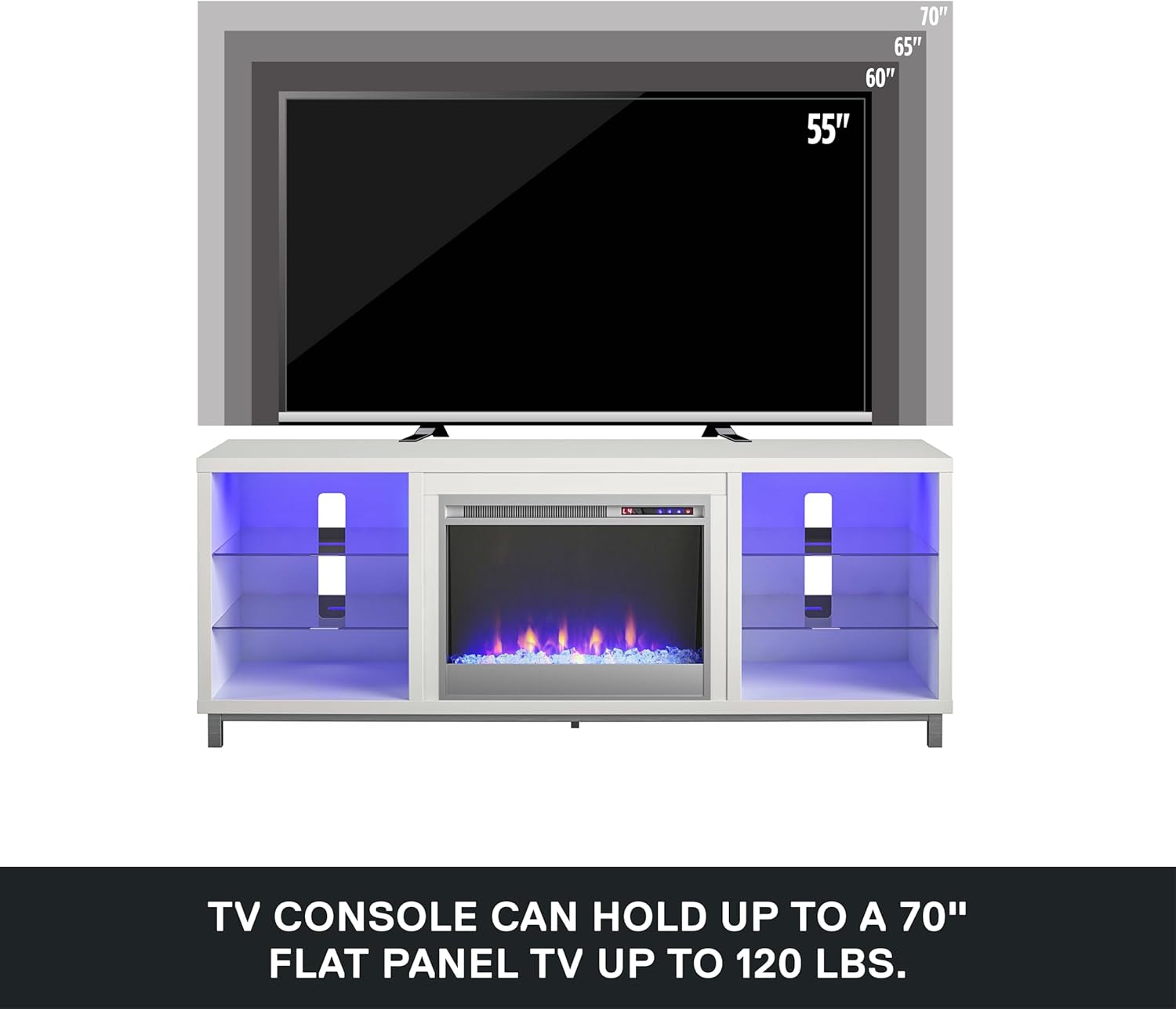 Lumina Fireplace TV Stand for Tvs up to 70 Inch, Replaceable Electric Fireplace Insert Heater, Remote Control, Timer, Color Changing LED Lights, Crystal Ember Flames, White - Puck's