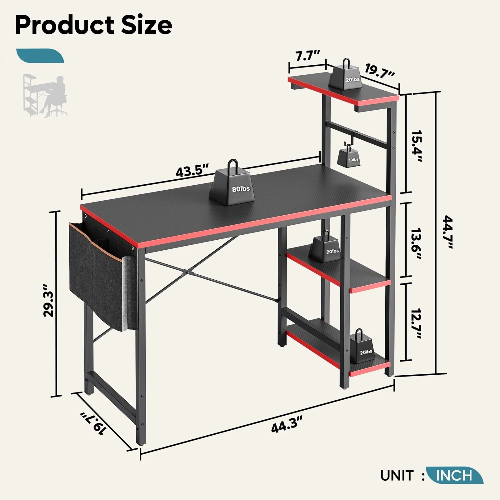 Computer Gaming PC Desk 44 Inch Gamer Table with LED Lights, Reversible 4 Tier Storage Shelves Carbon Fiber - Puck's