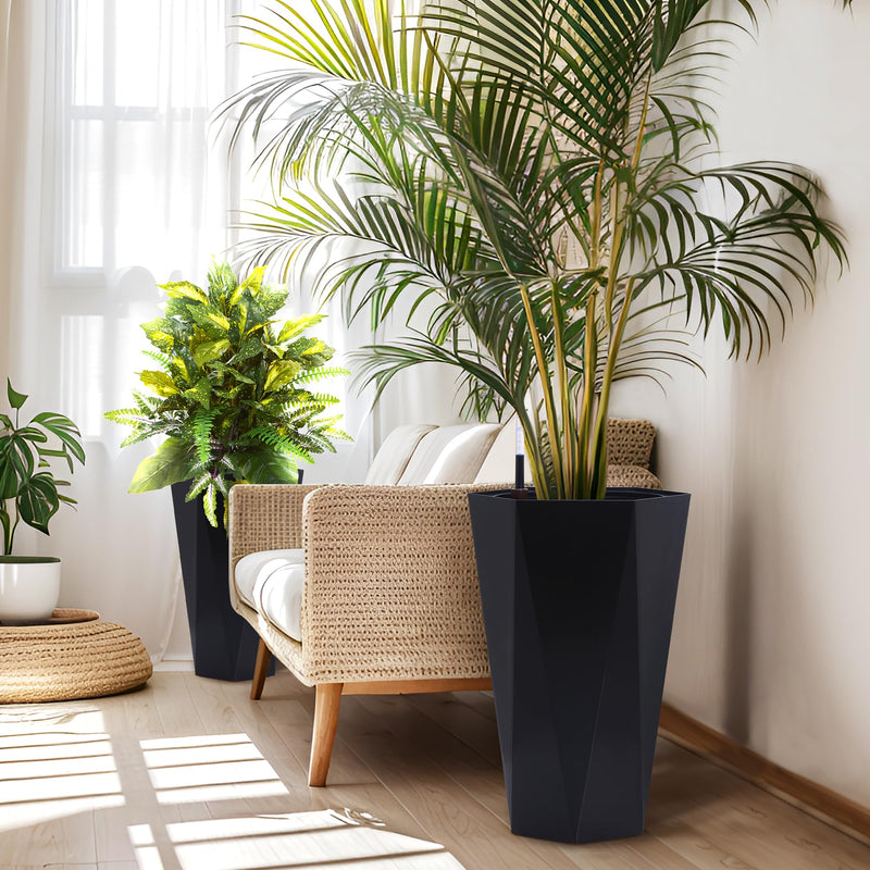 23" Tall Planters Set of 2, Outdoor＆Indoor Planter Pots, High Front Porch Planter Pots with Drainage Holes＆Water Level Monitor＆Inner Bucket, Automatic Watering, Convenience Instill, Black - Puck's