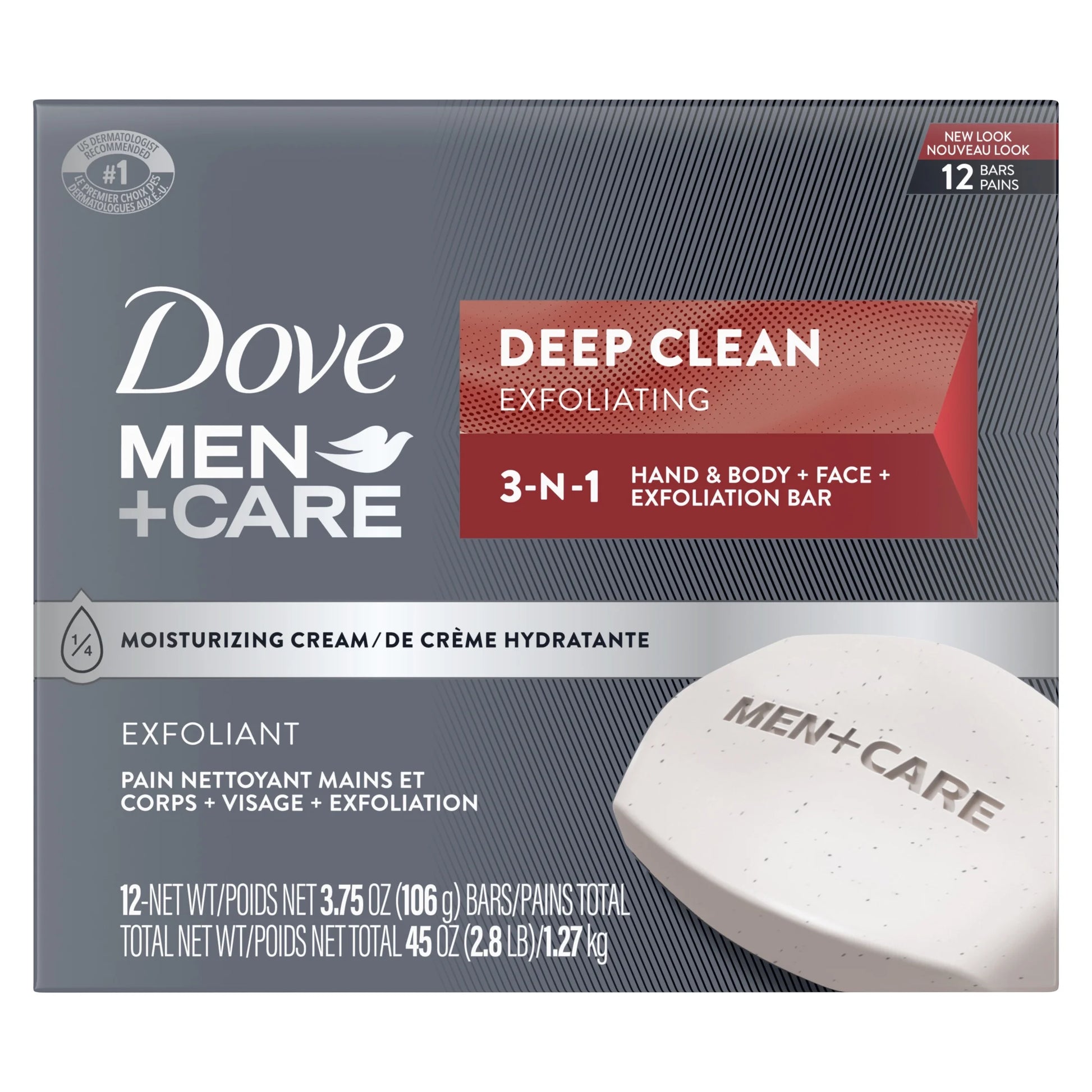 (4 Pack)  Men+Care 3-In-1 Hand & Body + Face + Exfoliation Bar for Dry Skin, Deep Clean, 3.75 Oz 12 Bars