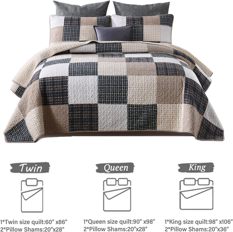 Quilt 100% Cotton King Size Quilt Set, Brown Khaki Black White Patchwork Plaid Bedspread, Lightweight Reversible Soft Summer Quilt Bedding Set, 3-Pieces - Puck's