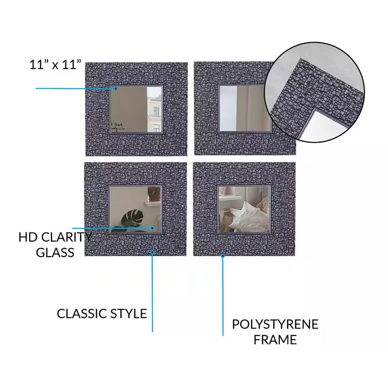 11.25 X 11.25 Inches Set of 4 Accent Wall Mirrors Silver Grey Mosaic Wall Decor - Puck's