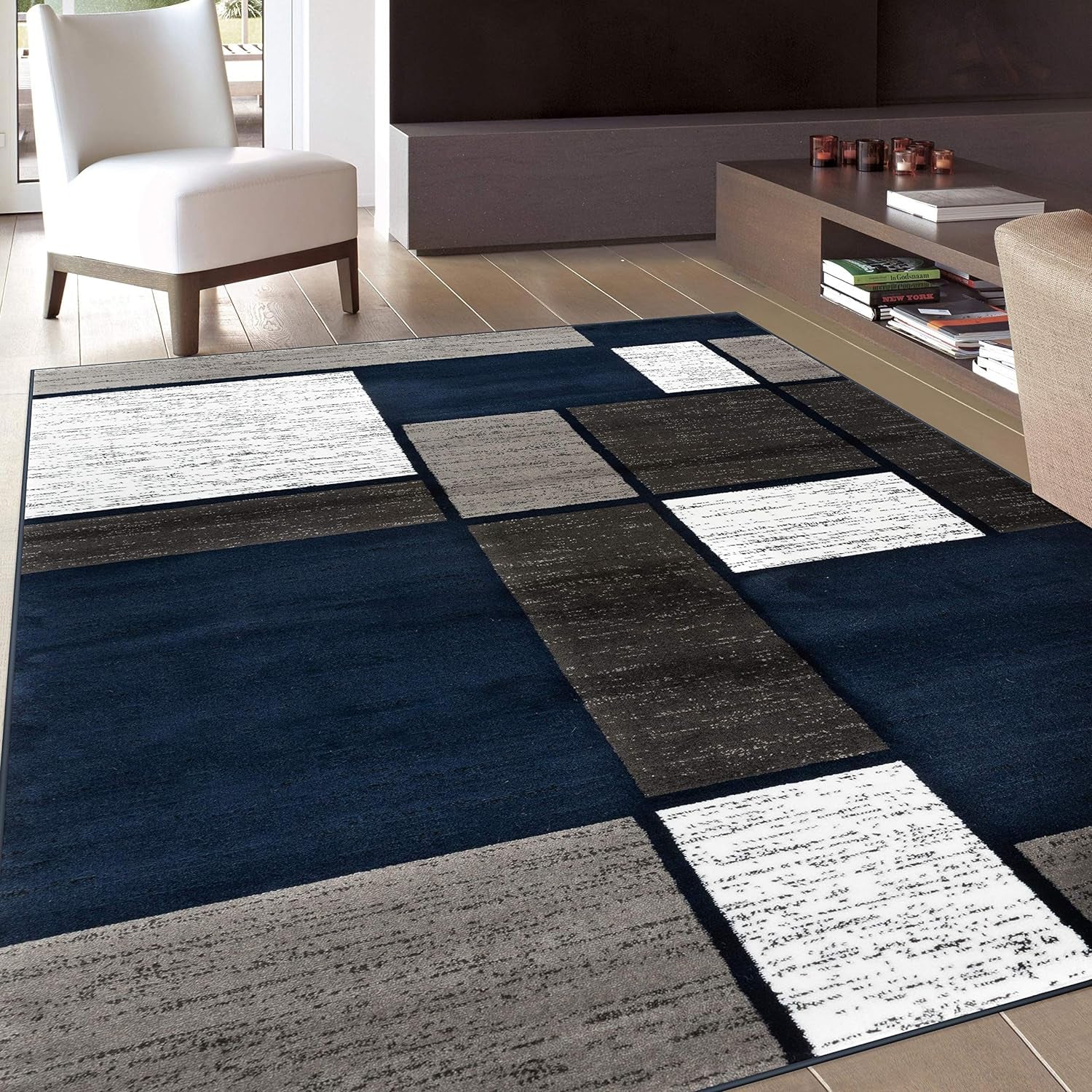 Contemporary Modern Boxes Area Rug 10' X 14' Navy - Puck's