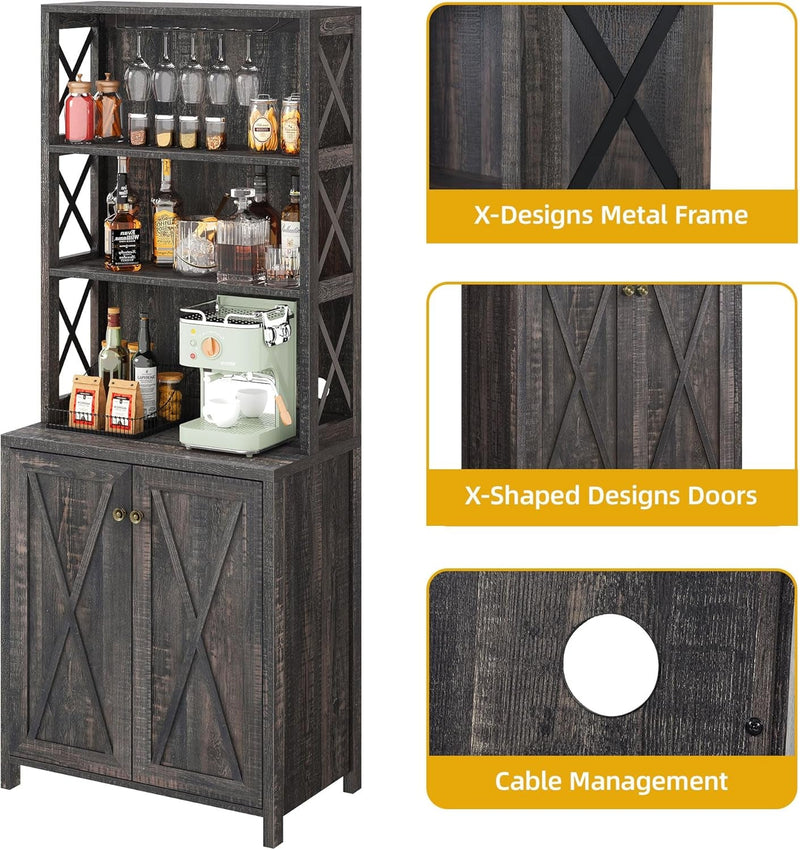 67" Tall Wine Bar Cabinet for Liquor and Glasses, Farmhouse Kitchen - Puck's
