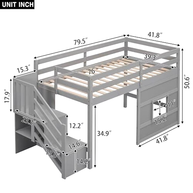 Twin Low Loft Bed with Stairs & Storage Kids Solid Pine Wood Gray Finish High Safety Guard Rails Shelves& Movable Desk Modern - Puck's