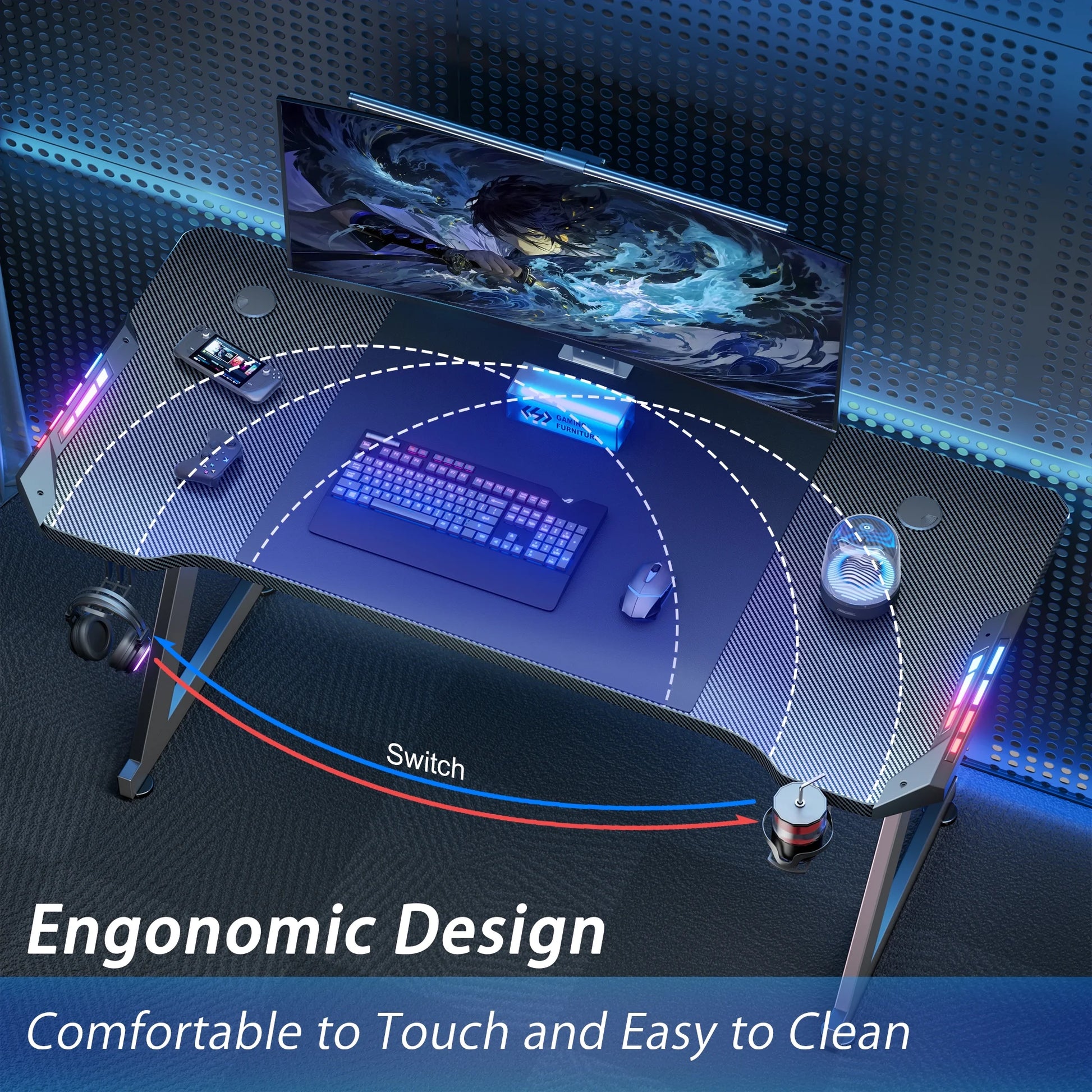 55 Inch Gaming Desk with LED, Ergonomic Computer Table for Adult and Teen, Black - Puck's