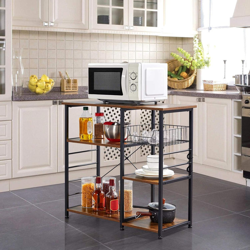 4-Tier Kitchen Baker'S Rack, Coffee Bar Microwave Stand Cart with Wire Basket & 6 Side Hooks, Kitchen Organizer Shelf for Spices/Utensils Foods, Rustic Brown - Puck's