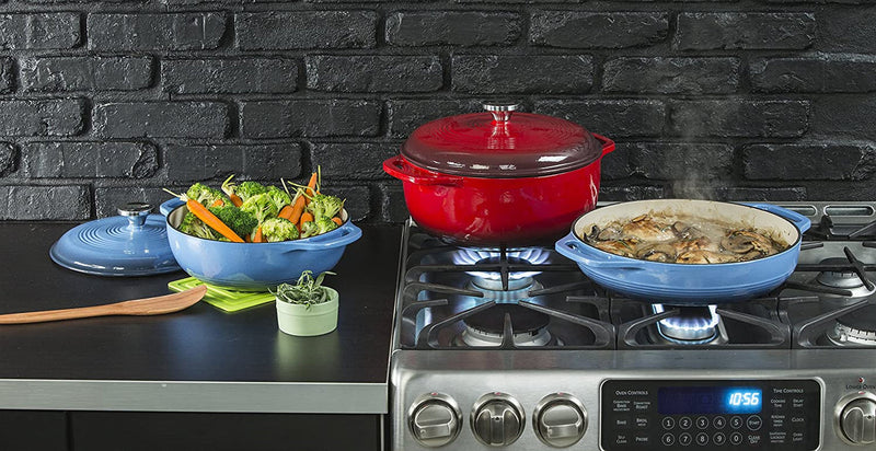 3.6 Quart Enameled Cast Iron Oval Casserole with Lid– Dual Handles – Oven Safe up to 500° F or on Stovetop - Use to Marinate, Cook, Bake, Refrigerate and Serve – Island Spice Red - Puck's