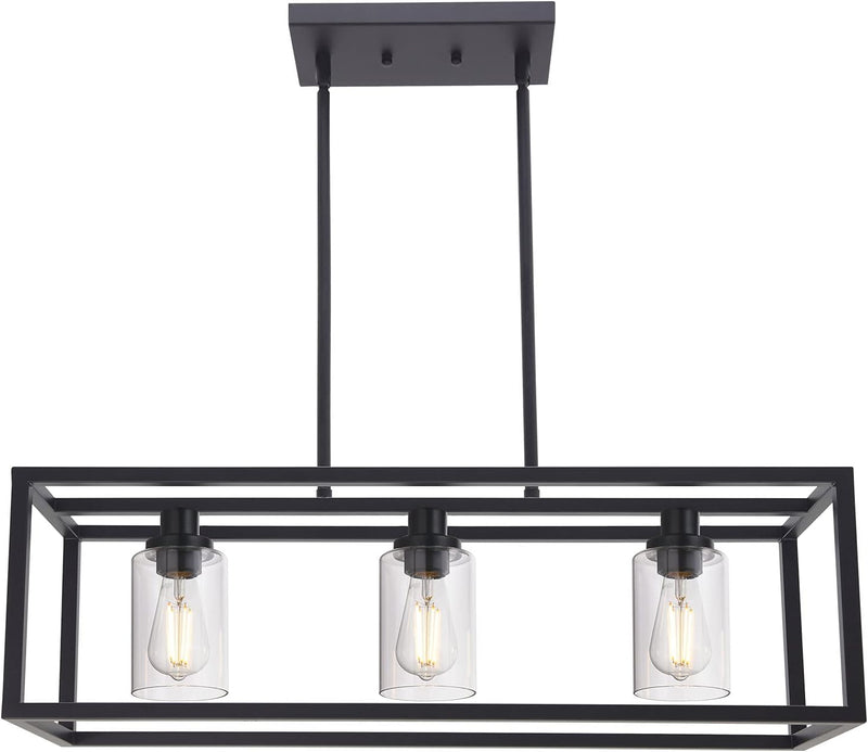 Kitchen Island Lighting 3 Lights Farmhouse Chandelier, Black Pendant Lighting with Clear Glass Shade, Dining Room Lighting Fixtures Hanging Rectangle Chandelier Lighting - Puck's