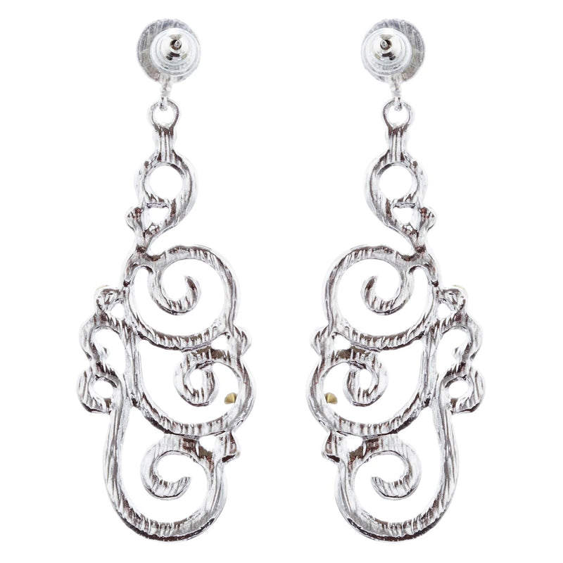 Bridal Wedding Crystal Rhinestone Swirl Vintage Dangle Earrings Silver - Puck's