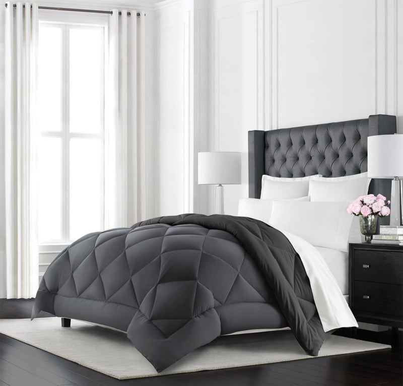 Beckham Hotel Collection Goose down Alternative Reversible Comforter - All Season - Premium Quality Luxury Hypoallergenic Comforter - Full/Queen - Grey/Black - Puck's