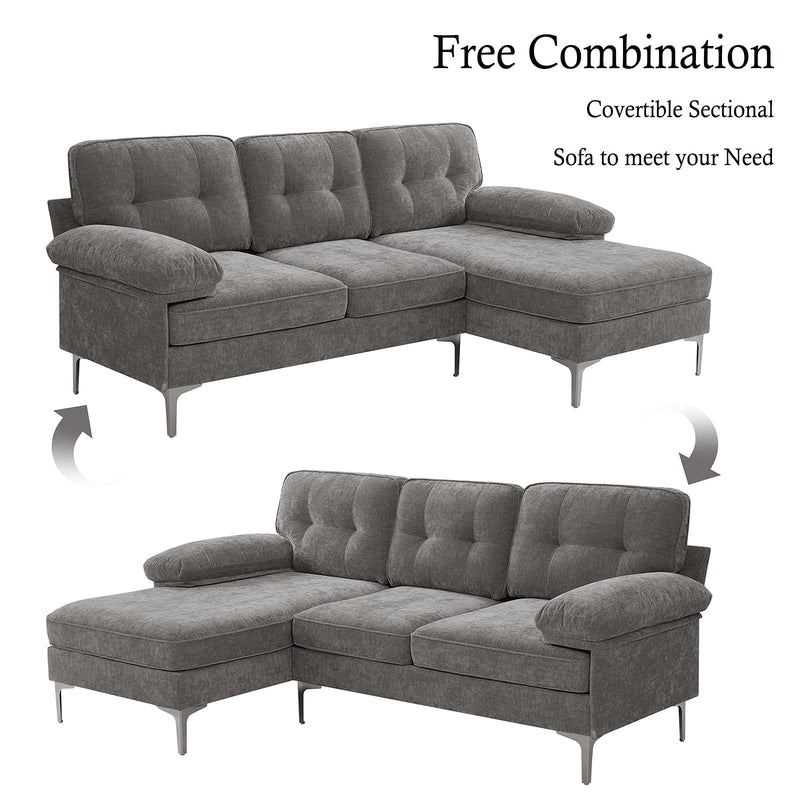 Converteerbare slaapbank, L-vormige bank met omkeerbare chaise lounge, Chenille stof moderne bank voor woonkamer, appartement, kantoor, 3 zitplaatsen, grijs - Puck's