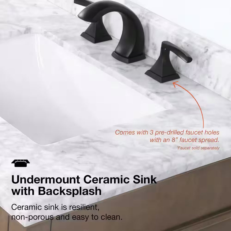 Sonoma 60 In. Dubbele Wastafel Almond Latte Badmeubel met Carrara Marmeren Bovenblad (Gemonteerd) - Puck's