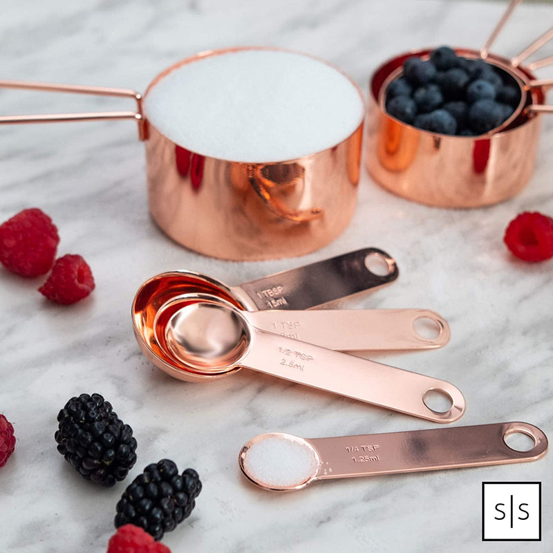 Copper Measuring Cups and Spoons Set – 8-Piece Stackable Stainless Steel Metal Measuring Utensils – Stylish and Sturdy Rose Gold Kitchen Accessories for Baking and Cooking - Puck's