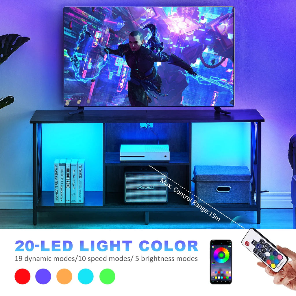 TV Stand for TV up to 65 Inches, TV Console Table with Led Lights & Power Outlets, Black - Puck's