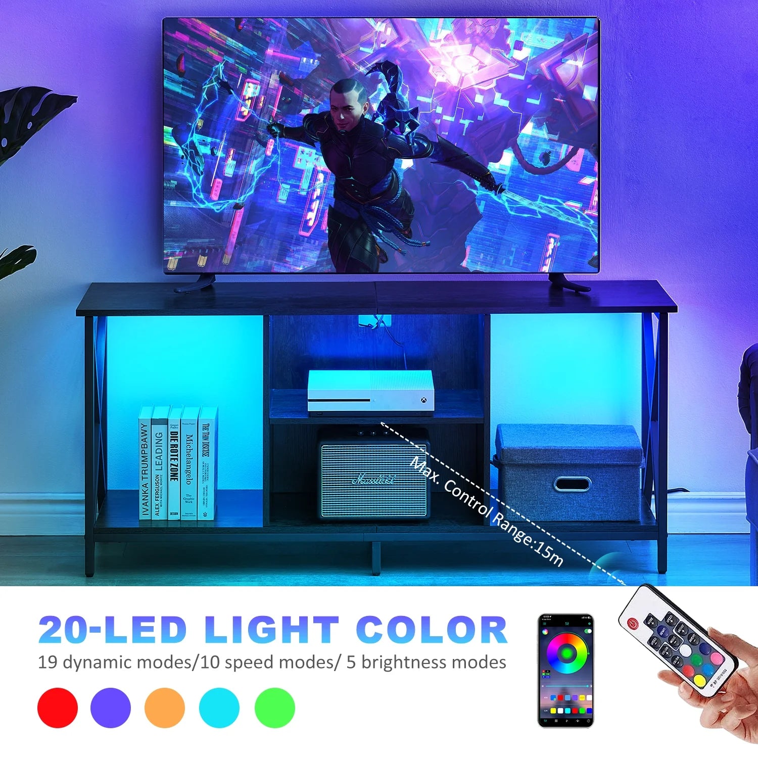 TV Stand for TV up to 65 Inches, TV Console Table with Led Lights & Power Outlets, Black - Puck's