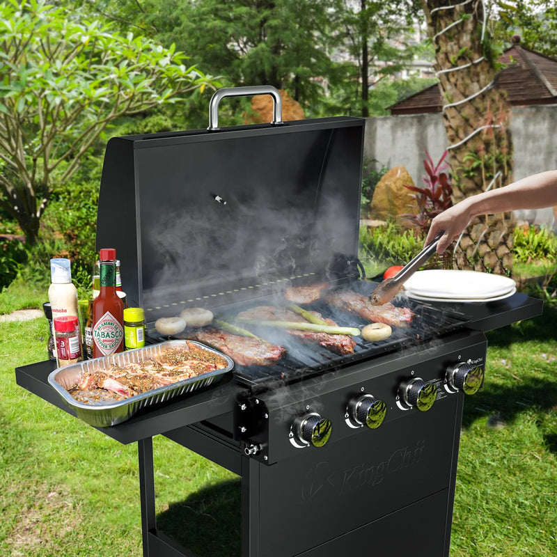 4-Burner Propane Grill, 38,000 Btus Gas Grill with Foldable Side Tables, Built-In Thermometer for Outdoor Grilling, Bbqs and Camping