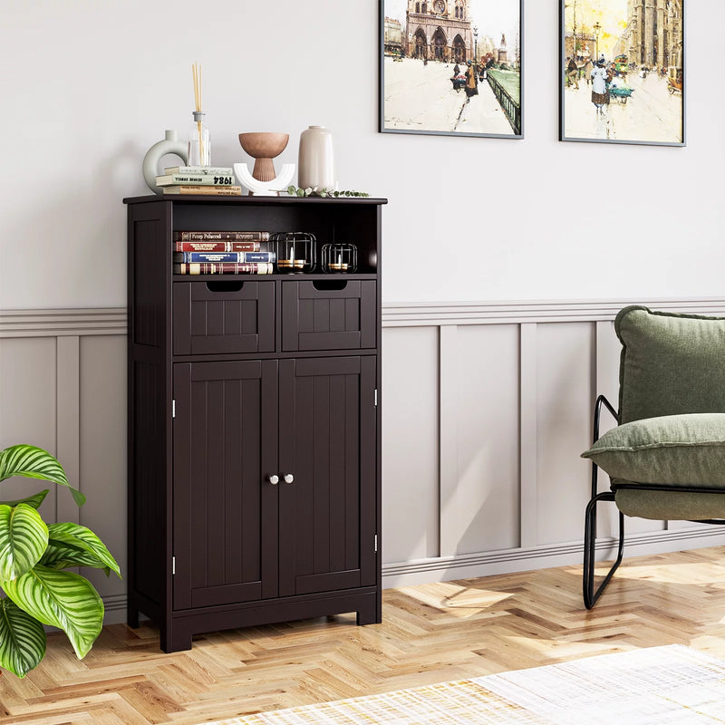 Bathroom Cabinet, Floor Storage Cabinet with 2 Doors and 2 Drawers, Free Standing Wooden Storage Organizer for Living Room, Dark Brown - Puck's