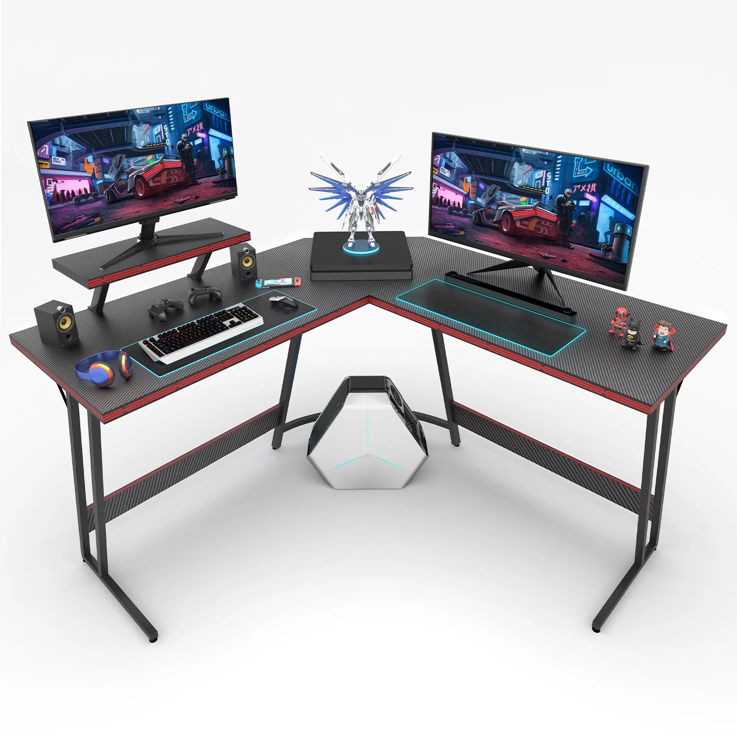 Gaming Desk L-Shaped Carbon Fiber Surface Gaming Corner Desk Table, Black - Puck's