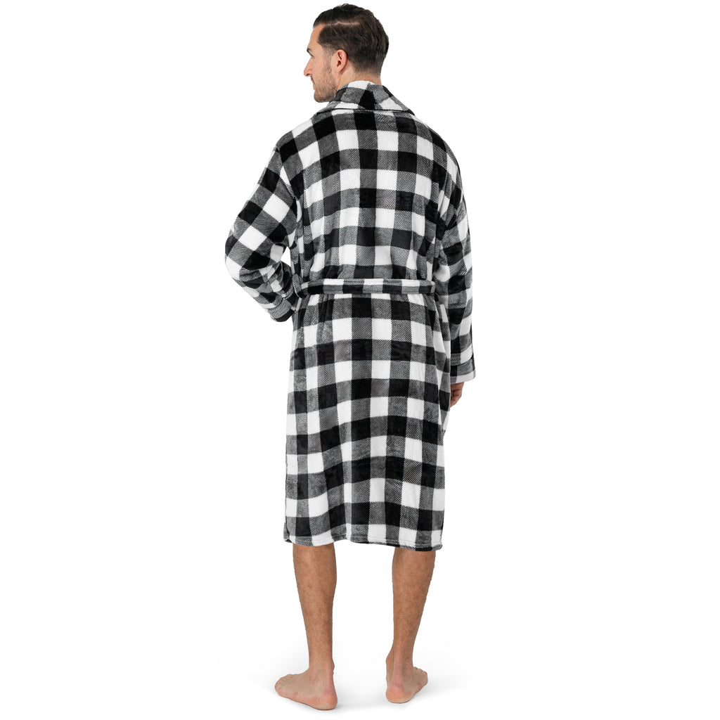 Mens Soft Robe, Plaid White | Warm Fleece Robes for Men, Soft Spa Bathrobe with Piping, Shawl Collar, and Pockets (Black and White Buffalo Plaid Checkered)