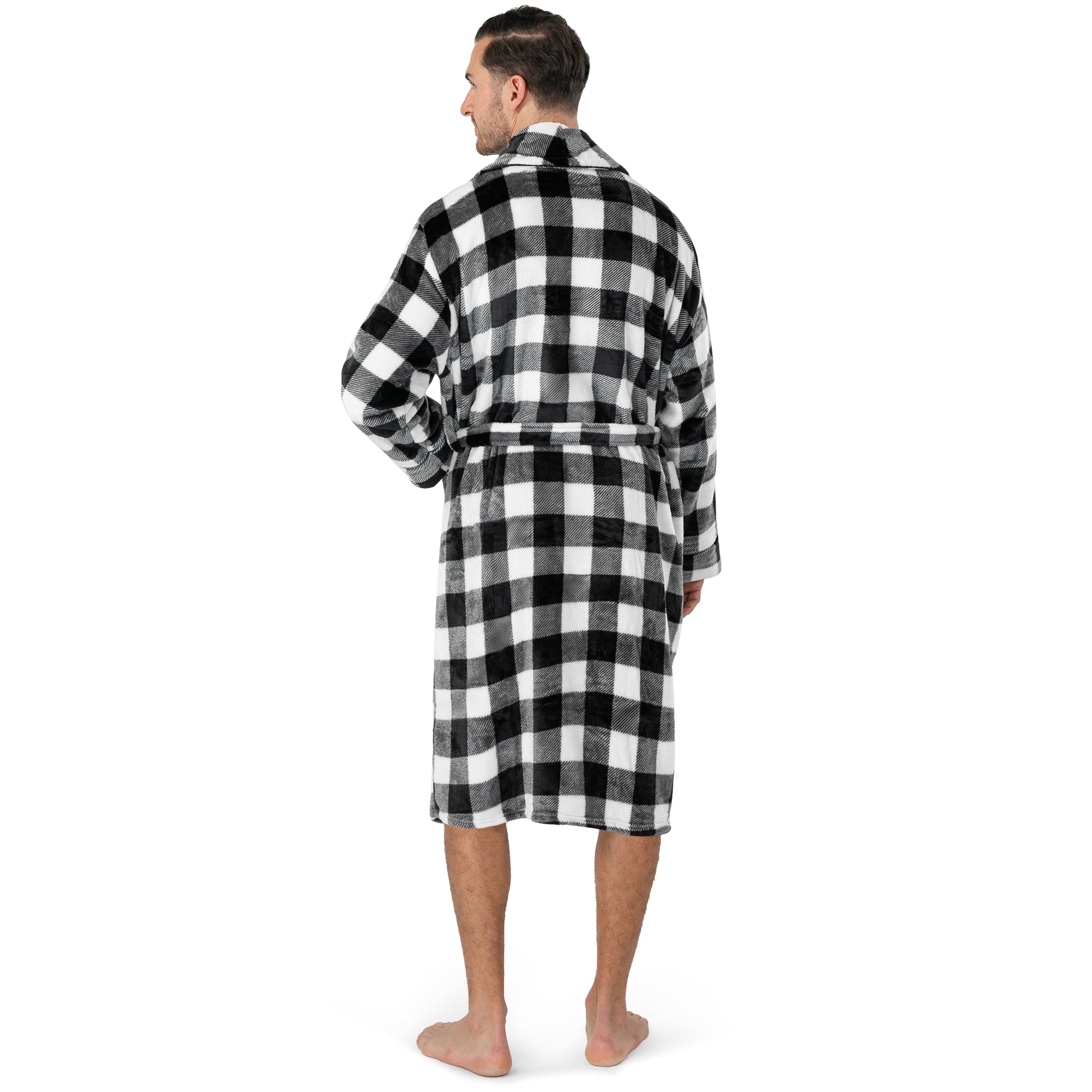 Mens Soft Robe, Plaid White | Warm Fleece Robes for Men, Soft Spa Bathrobe with Piping, Shawl Collar, and Pockets (Black and White Buffalo Plaid Checkered)