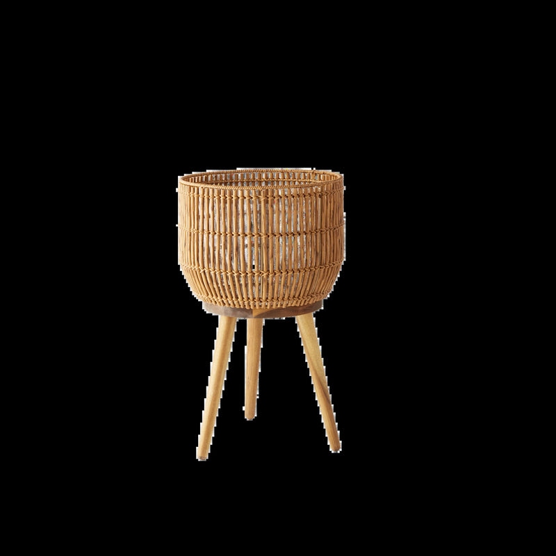 13 Inch round Brown Resin Rattan Planter & Stand with Acacia Wood Legs - Puck's