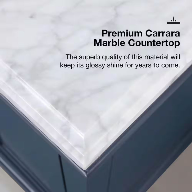 Sonoma 72 In. Dubbele Wastafel Midnight Blue Badmeubel met Carrara Marmeren Bovenblad (Gemonteerd) - Puck's