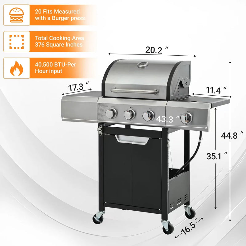 3 Burner Propane Gas BBQ Grill with Side Burner, Stainless Steel BBQ Grill with Cover for Outdoor Cooking and Patio Backyard, 40,500 BTU (3+1 Burner)