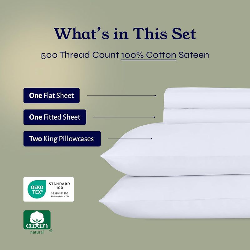 California King Size Sheet Set - 100% Cotton 500 Thread Count, Cooling Deep Pocket Bed Sheets with Fitted Elastic Sheet, Extra Soft Luxury Hotel Quality - White - Puck's