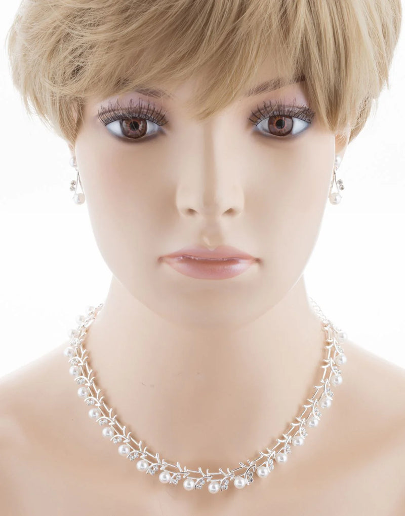 Bridal Wedding Jewelry Set Crystal Rhinestone Pearl Sophisticated Silver White - Puck's