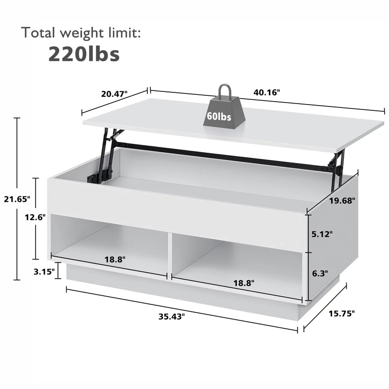 LED Lift Top Coffee Table with Hidden Compartment High Gloss White Coffee Tables Center Rising Cocktail Table for Living Room Accent Furniture - Puck's
