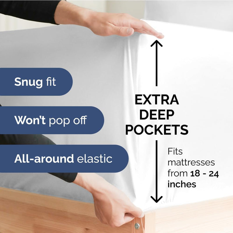 Extra Deep Twin 400 Thread Count Cotton Fitted Sheet - Hotel Luxury Single Fitted Sheet Only - Easily Fits 18" to 24" Mattress - Soft, Wrinkle Free, Breathable & Comfy Extra Deep Pockets White Fitted - Puck's