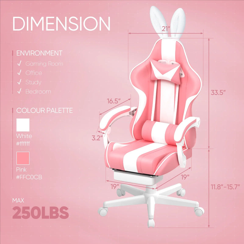 Pink Gaming Chair with Footrest, Ergonomic Game Gamer Chair with Massage Lumbar Pillow & Adjustable Headrest, High Back Office Computer Cute Bunny Ears for Adults Kids Girls, Light Pink - Puck's