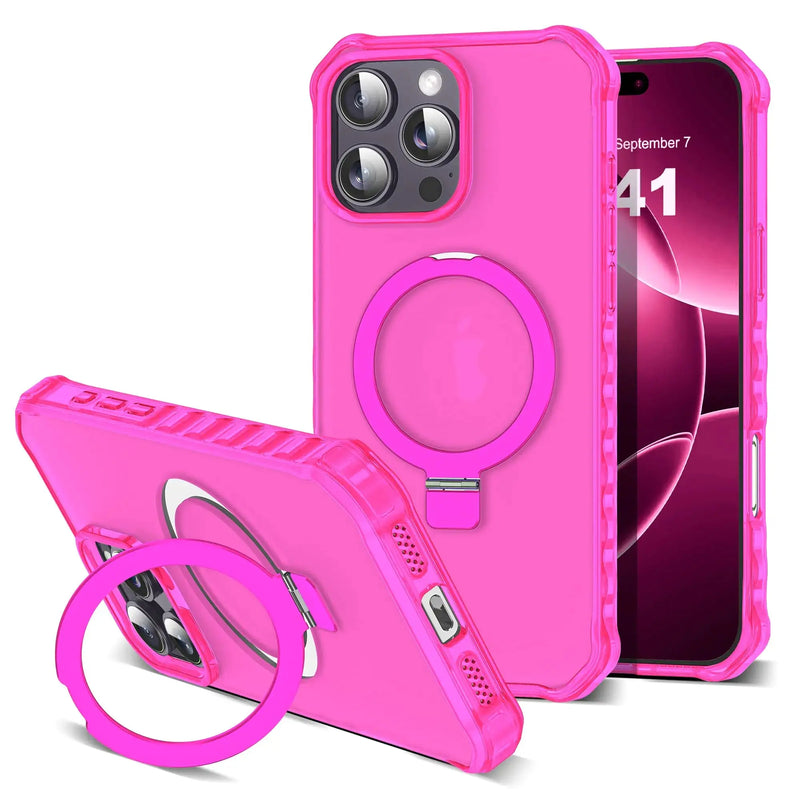 for iPhone 16 Plus Case with Magnetic Stand [Compatible with Mag-Safe] [Military Drop Tested] Shockproof Slim iPhone16 Plus Cover with Good Grip Curly Wave Edge for Women 6.7'', Rose Red - Puck's
