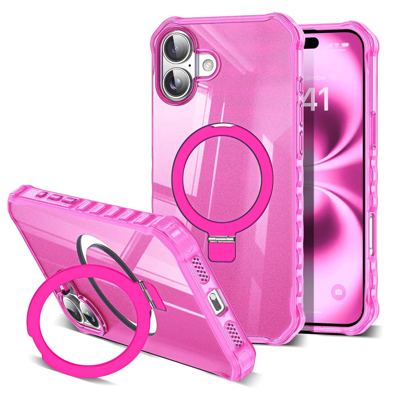 for iPhone 16 Plus Case with Magnetic Stand [Compatible with Mag-Safe] [Military Drop Tested] Shockproof Slim iPhone16 Plus Cover with Good Grip Curly Wave Edge for Women 6.7'', Rose Red - Puck's