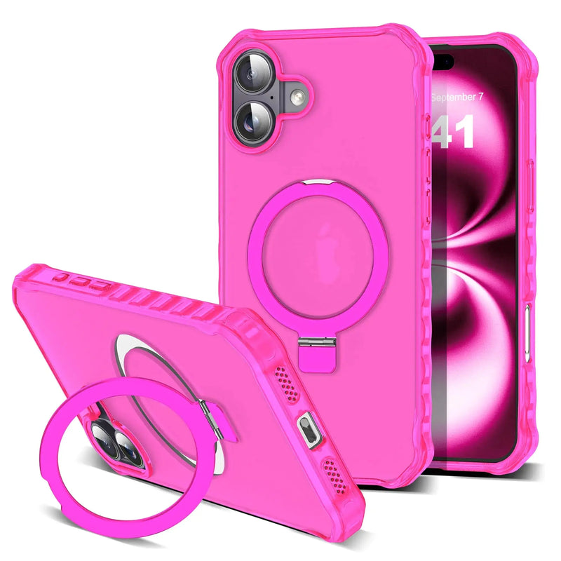 for iPhone 16 Plus Case with Magnetic Stand [Compatible with Mag-Safe] [Military Drop Tested] Shockproof Slim iPhone16 Plus Cover with Good Grip Curly Wave Edge for Women 6.7'', Rose Red - Puck's