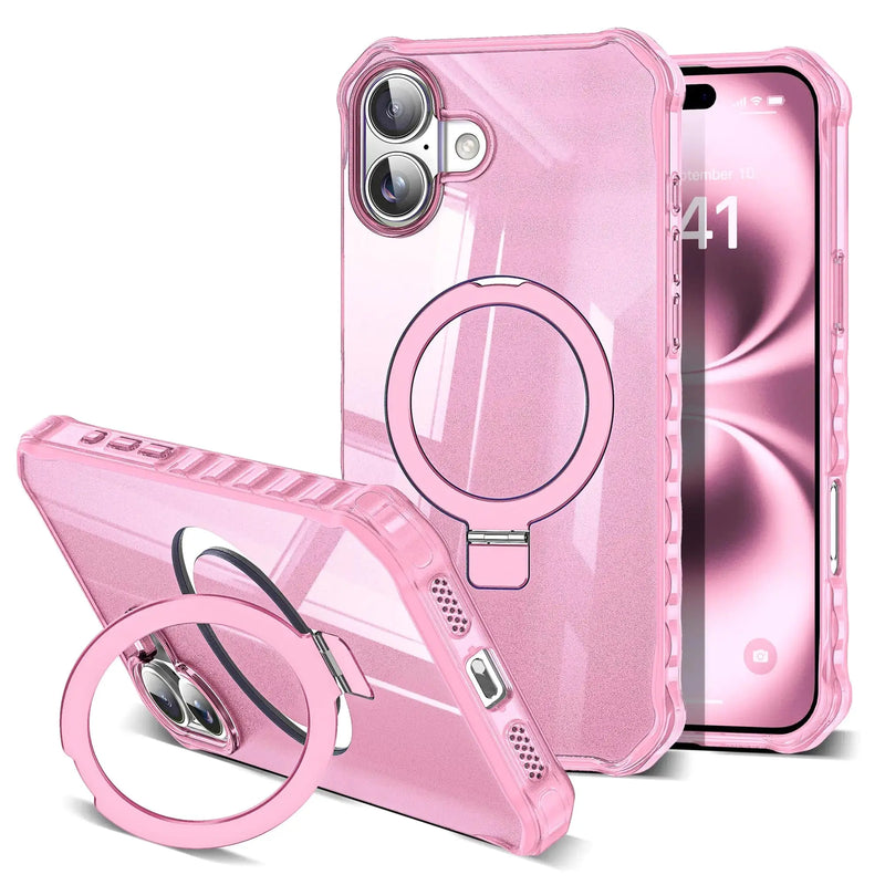 for iPhone 16 Plus Case with Magnetic Stand [Compatible with Mag-Safe] [Military Drop Tested] Shockproof Slim iPhone16 Plus Cover with Good Grip Curly Wave Edge for Women 6.7'', Rose Red - Puck's