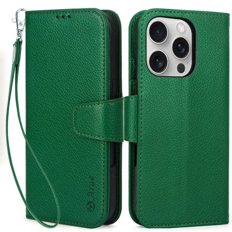 Arae Compatible with iPhone 16 Pro Case Wallet with Card Holder, Wristlet Strap Wallet Flip Cover for iPhone 16 Pro 6.3 inch Men/Women, RFID Blocking, Kickstand, Litchi Cyan - Puck's