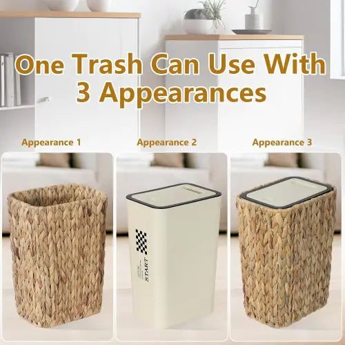 2-in-1 Wicker Bin With Pressed Top Cover, Woven Waste Paper Basket And Basket For Bathroom, Kitchen, Living Room, Bedroom Unavailable Platforms- Welfel - Puck's