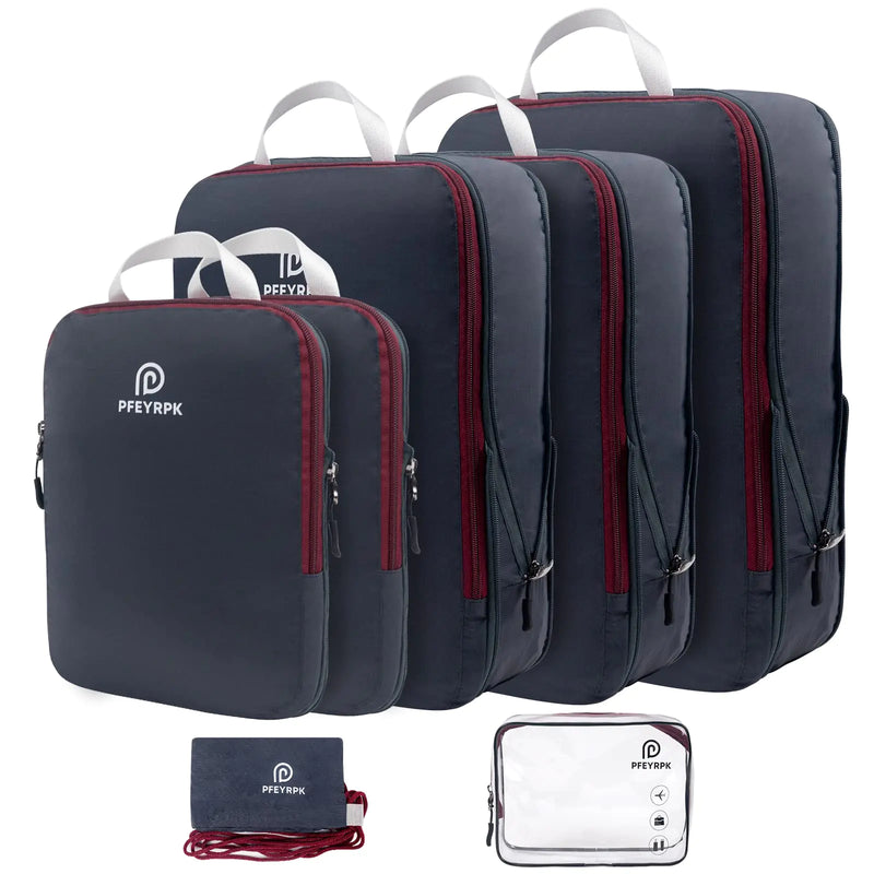 Lightweight Compression Packing Cubes for Suitcases, Compressible Expandable Travel Packing Organizer with Clear Toiletries and Backpack Bag, Travel Essentials for Carry on Luggage 7 Set Black/brownish Red - Puck's