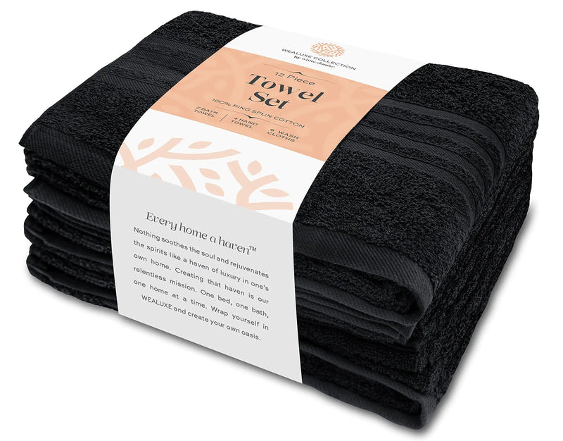 12 Pcs Bath Towel Set for Bathroom Wealuxe Collection Black 100% Cotton Soft - Puck's