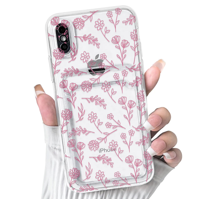 NITITOP Compatible with iPhone 7/8 / SE Case Clear with Card Holder Cute Flower Floral Leave Pattern for Women Girl Soft TPU Shock-Absorbing Wallet Case Protective Phone Cover - Black - Puck's