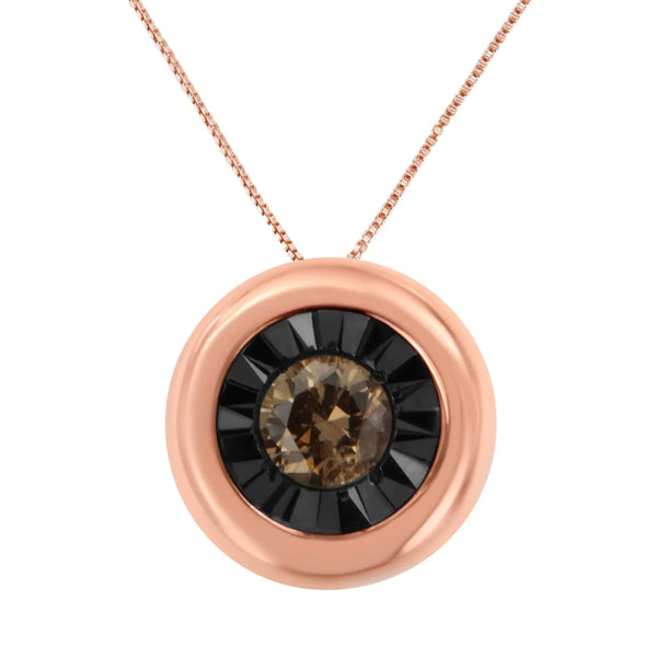 Black Rhodium over 10K Rose Gold 1/10 Carat Diamond Two Tone Round Miracle-Plate Solitaire 18” Pendant Necklace (Champagne Color, I2-I3 Clarity) - Puck's