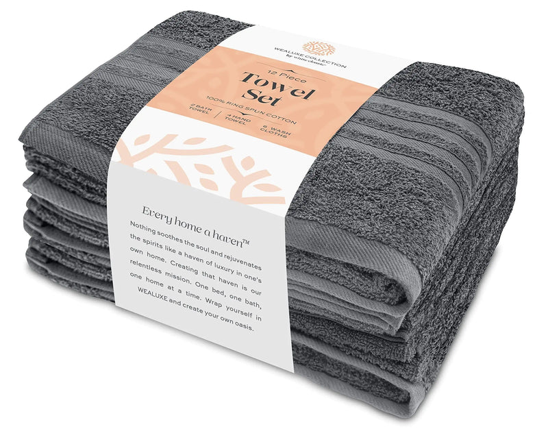 12 Pcs Set Bath Hand Towels 100% Cotton Soft  Plush Highly Absorbent Quick Gray - Puck's