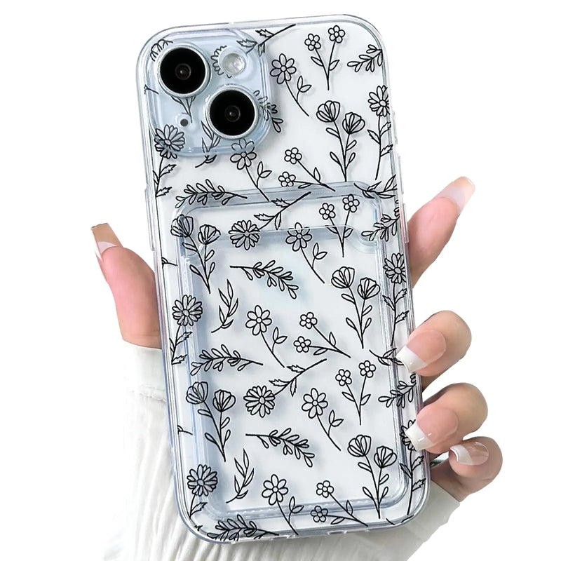 NITITOP Compatible with iPhone 7/8 / SE Case Clear with Card Holder Cute Flower Floral Leave Pattern for Women Girl Soft TPU Shock-Absorbing Wallet Case Protective Phone Cover - Black - Puck's