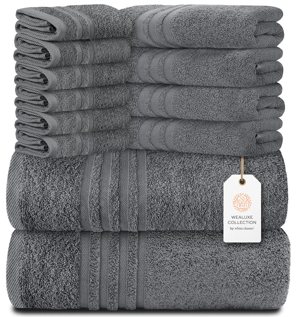12 Pcs Set Bath Hand Towels 100% Cotton Soft  Plush Highly Absorbent Quick Gray - Puck's