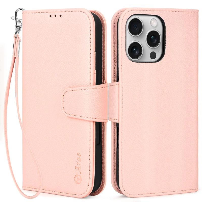Arae Compatible with iPhone 16 Pro Case Wallet with Card Holder, Wristlet Strap Wallet Flip Cover for iPhone 16 Pro 6.3 inch Men/Women, RFID Blocking, Kickstand, Litchi Cyan - Puck's
