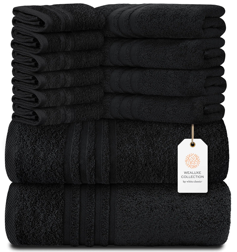 12 Pcs Bath Towel Set for Bathroom Wealuxe Collection Black 100% Cotton Soft - Puck's